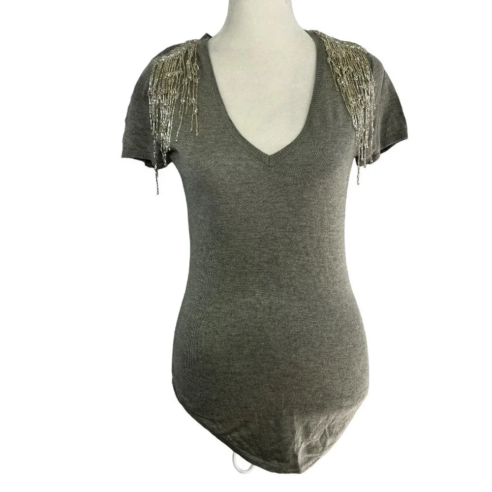 Magaschoni Silk & Cashmere Gray Short Sleeve V-Neck Sweater Sz S